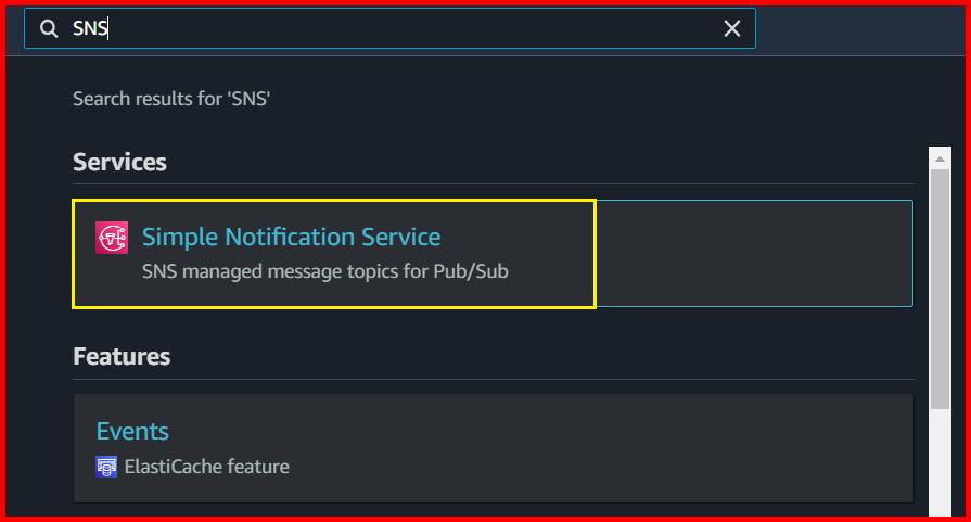 Picture showing the Simple Notification Service in the search result